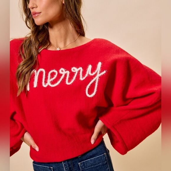 SO ME Tinsel Letters Cozy Christmas Sweater Baggy Top Red 'Merry' Text size Smal - Picture 4 of 11